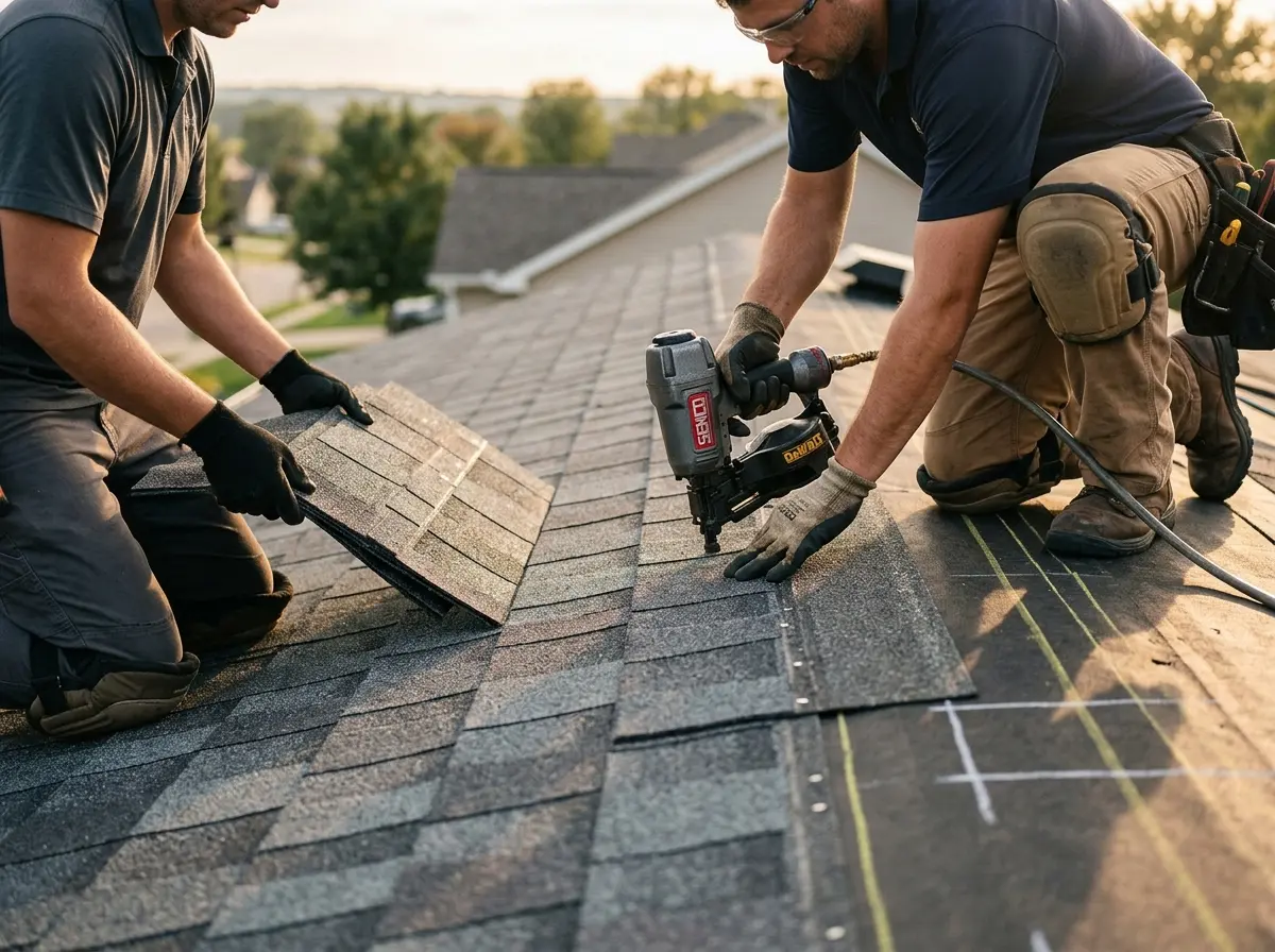 Professional roofer working on a residential roof in North Royalton